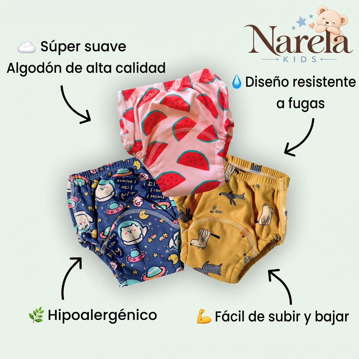 Algodón suave, resistente a fugas, hipoalergénico y fácil de subir y bajar